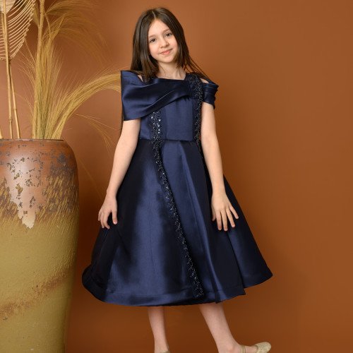 فستان بناتي سهرة بتصميم كتف مكشوف وتطريز فاخر - 816