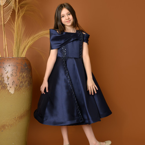 فستان بناتي سهرة بتصميم كتف مكشوف وتطريز فاخر - 816