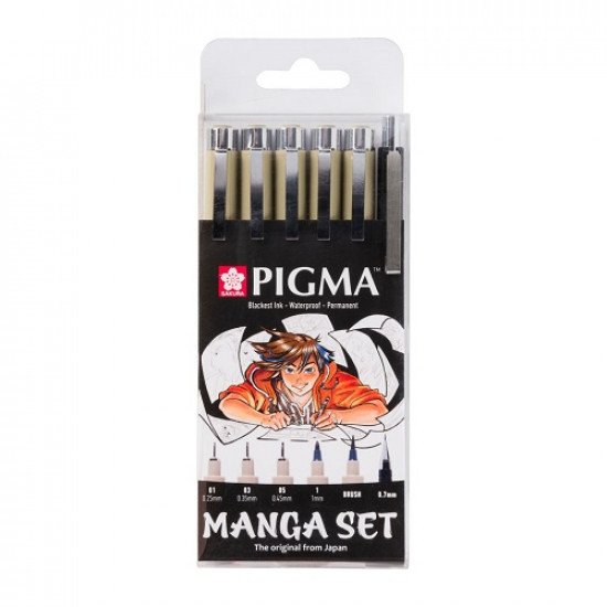 SAKURA PIGMA Pen Set, Black, 5 Sizes With a Pencil, Manga Set