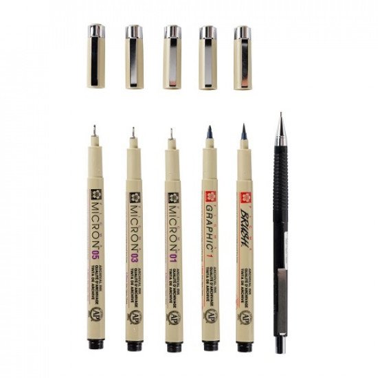 SAKURA PIGMA Pen Set, Black, 5 Sizes With a Pencil, Manga Set