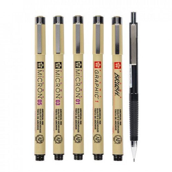 SAKURA PIGMA Pen Set, Black, 5 Sizes With a Pencil, Manga Set