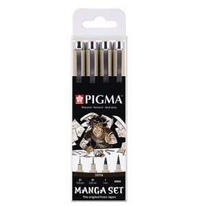 SAKURA PIGMA Pen Set, Black, 4 Sizes, Manga Set