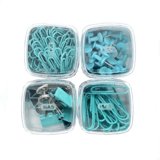 Boxes of Push Pins, Binder Clips, and Paper Clips MAS Light Blue Boxes of Push Pins, Binder Clips, and Paper Clips MAS Light Blue