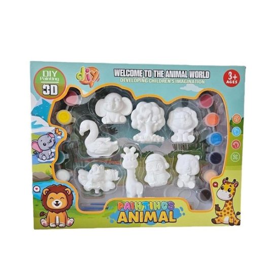 A Set Of Ceramic Figures With Paints and Brushes. Animal Shapes A Set Of Ceramic Figures With Paints and Brushes. Animal Shapes