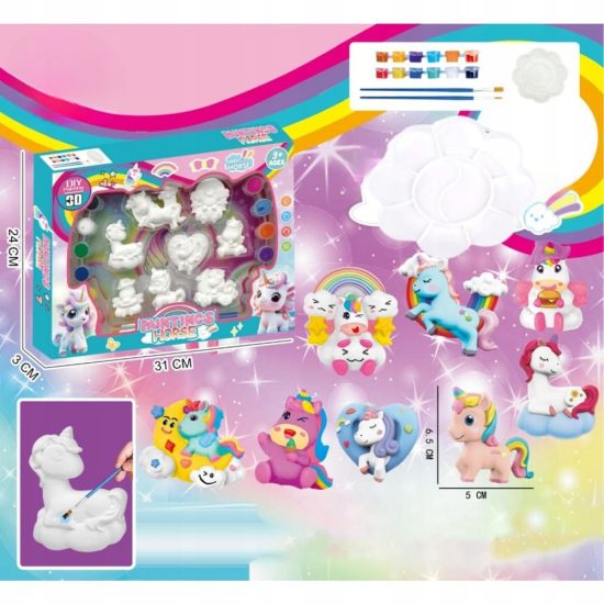 A Set Of Ceramic Figures With Paints and Brushes. Unicorn Shapes A Set Of Ceramic Figures With Paints and Brushes. Unicorn Shapes