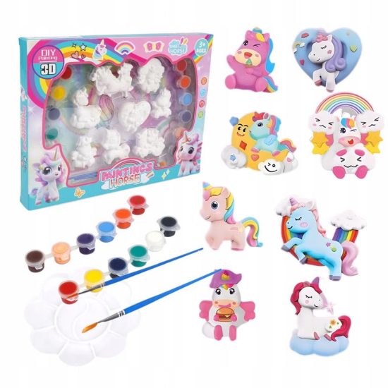 A Set Of Ceramic Figures With Paints and Brushes. Unicorn Shapes A Set Of Ceramic Figures With Paints and Brushes. Unicorn Shapes