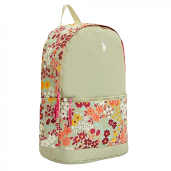 School Backpack Light Olive Green Floral With Large Zippers And Pocket U.S. POLO ASSN