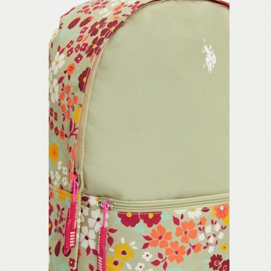 School Backpack Light Olive Green Floral With Large Zippers And Pocket U.S. POLO ASSN