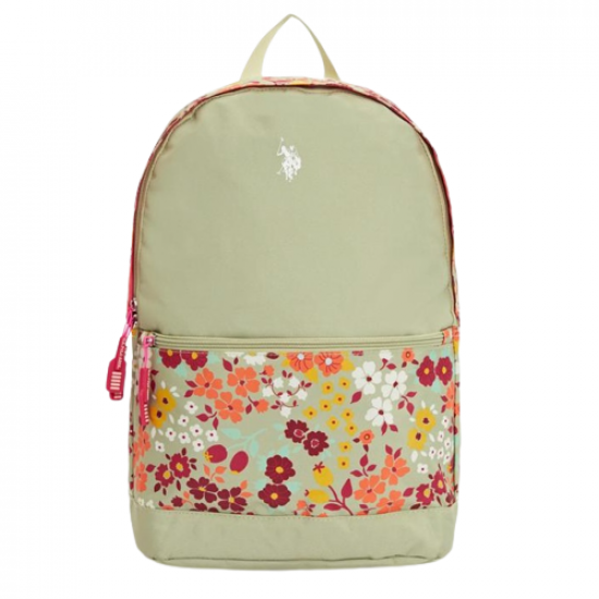 School Backpack Light Olive Green Floral With Large Zippers And Pocket U.S. POLO ASSN