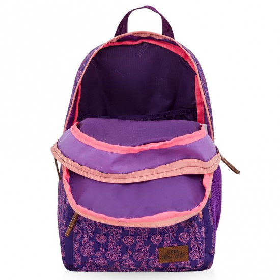 School Backpack Purple Floral Pink Fluorescent With Two zippers And Pocket U.S. POLO ASSN