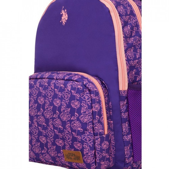School Backpack Purple Floral Pink Fluorescent With Two zippers And Pocket U.S. POLO ASSN