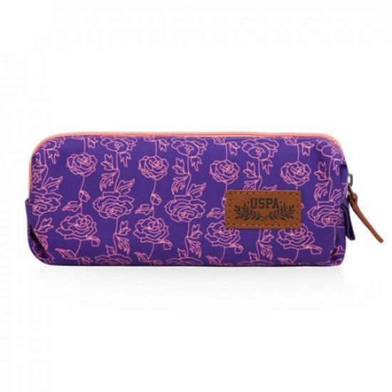 School Pencil Case Purple Floral Pink Fluorescent With Zipper U.S. POLO ASS