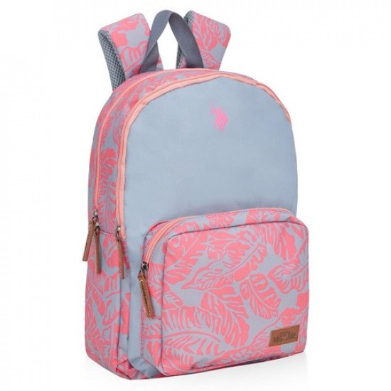 School Backpack Gray Floral Pink With Two zippers And Pocket U.S. POLO ASSN