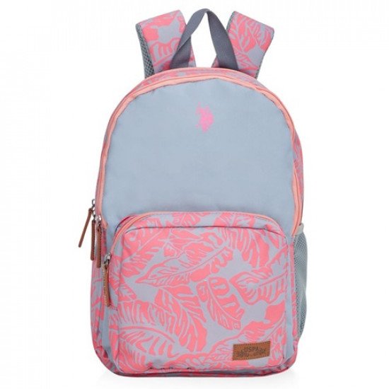 School Backpack Gray Floral Pink With Two zippers And Pocket U.S. POLO ASSN