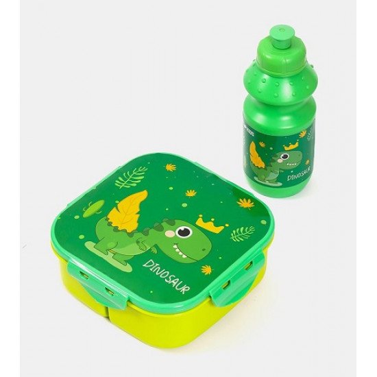 Lunch Box Set With a Bottle Green Dinosaur Print Lunch Box Set With a Bottle Green Dinosaur Print