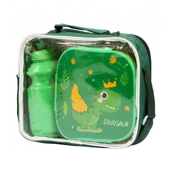 Lunch Box Set With a Bottle Green Dinosaur Print Lunch Box Set With a Bottle Green Dinosaur Print