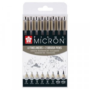 SAKURA PIGMA Micron 6 Fineliners+2 Brush Pens, Two Shades of Black, Manga Set