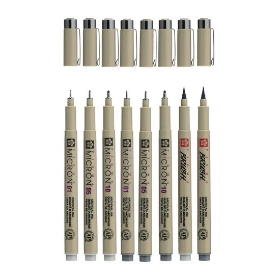 SAKURA PIGMA Micron 6 Fineliners+2 Brush Pens, Two Shades of Black, Manga Set