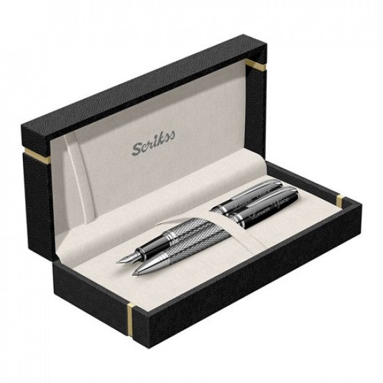 Set Pen Fountain and Ballpoint SCRIKSS 477 Pera Silver Wavy and Black Chrome Blue Ink