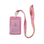 حامل بطاقة اسم بلاستك طولي جهتين مع حبل 54×85 ملم وردي شفاف