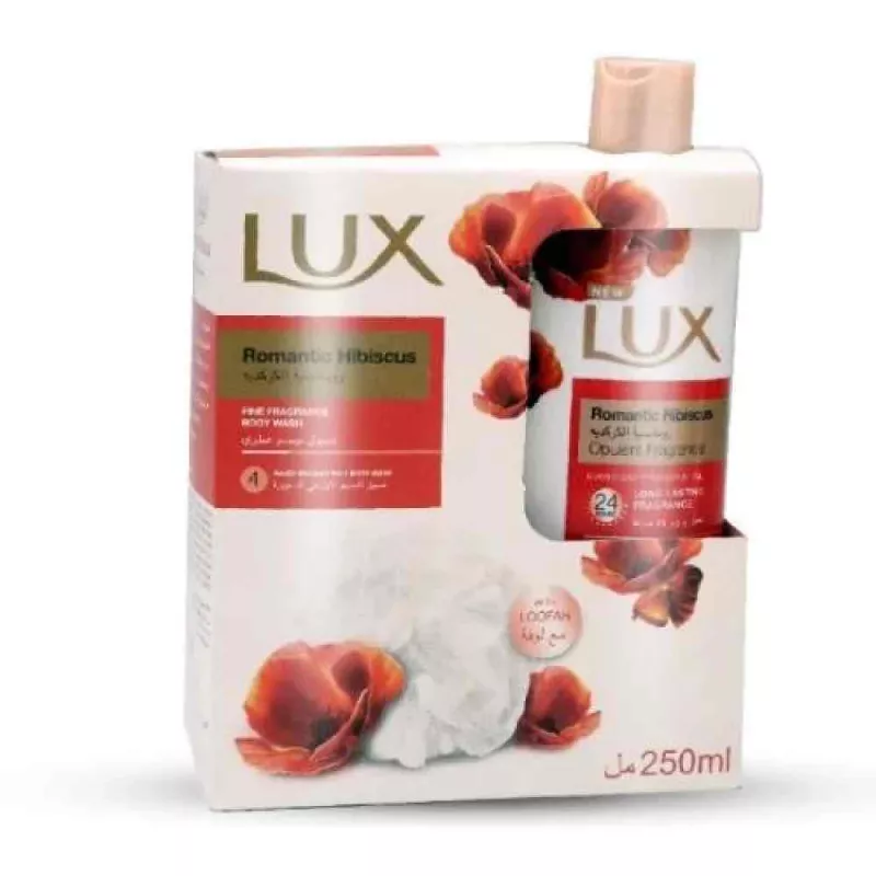 غسول جسم عطري رومانسية الكركديه لعطر يدوم 24 ساعة مع ليفة 250 مل من لوكس
