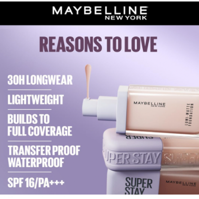  مايبيلين كريم اساس سوبر ستاي يدوم حتى 30 ساعة لومي-مات من نيويورك، تغطية متوسطة كاملة، تركيبة نباتية*، احماض امينية، نياسيناميد، فيتامين E - درجة 90، كل الأنواع