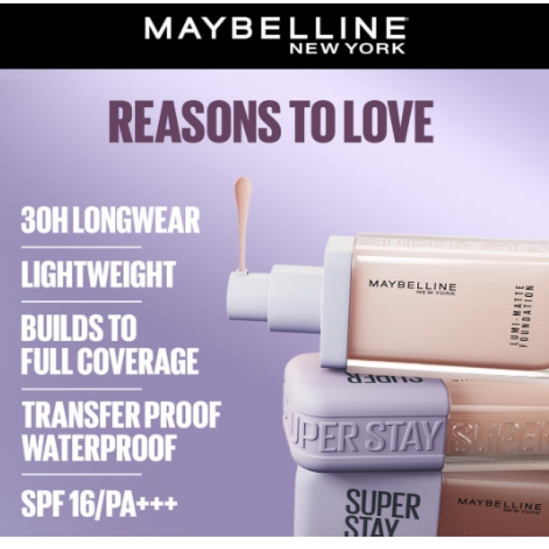  مايبيلين كريم اساس سوبر ستاي يدوم حتى 30 ساعة لومي-مات من نيويورك، تغطية متوسطة كاملة، تركيبة نباتية*، احماض امينية، نياسيناميد، فيتامين E - درجة 90، كل الأنواع