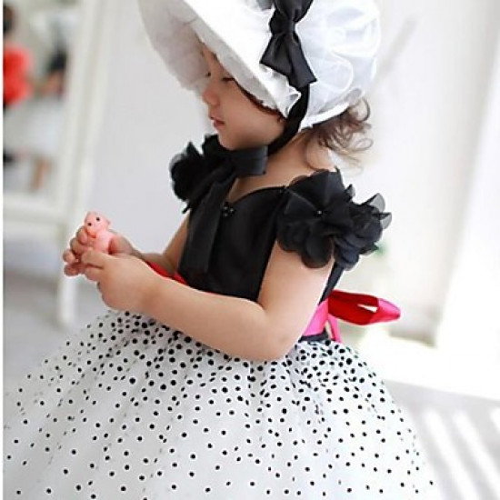 Girls Black & White Polka Dot Wedding Dress with Red Belt - Age 1-2 Years