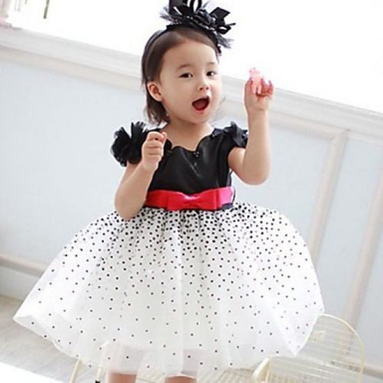 Girls Black & White Polka Dot Wedding Dress with Red Belt - Age 1-2 Years