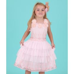 Soft Pink Tiered Midi Dress with Floral Accents