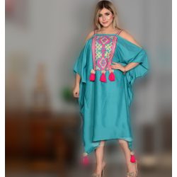 Off-Shoulder Cotton Galabeya - Turquoise Green (Free Size)