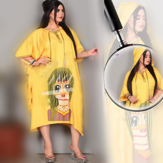 جلابية مغربية موديل "هودي" وطبعة - لون أصفر (مقاس موحد)