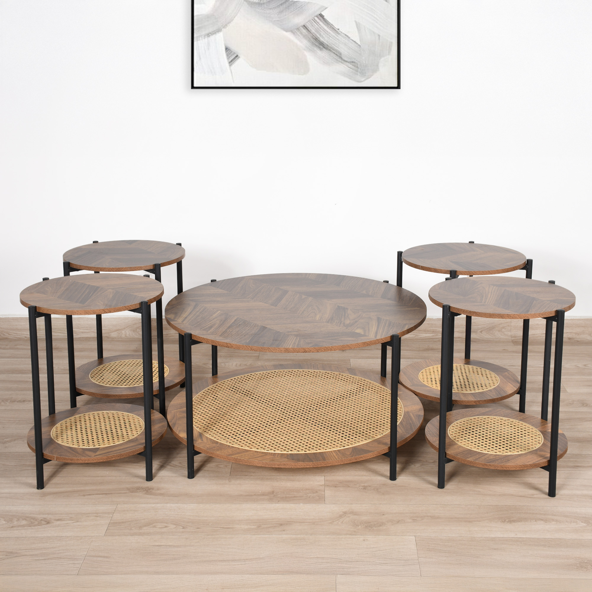 طقم طاولات خدمة 5 قطع من الخشب و الراتان طقم طاولات خدمة 5 قطع من الخشب و الراتان