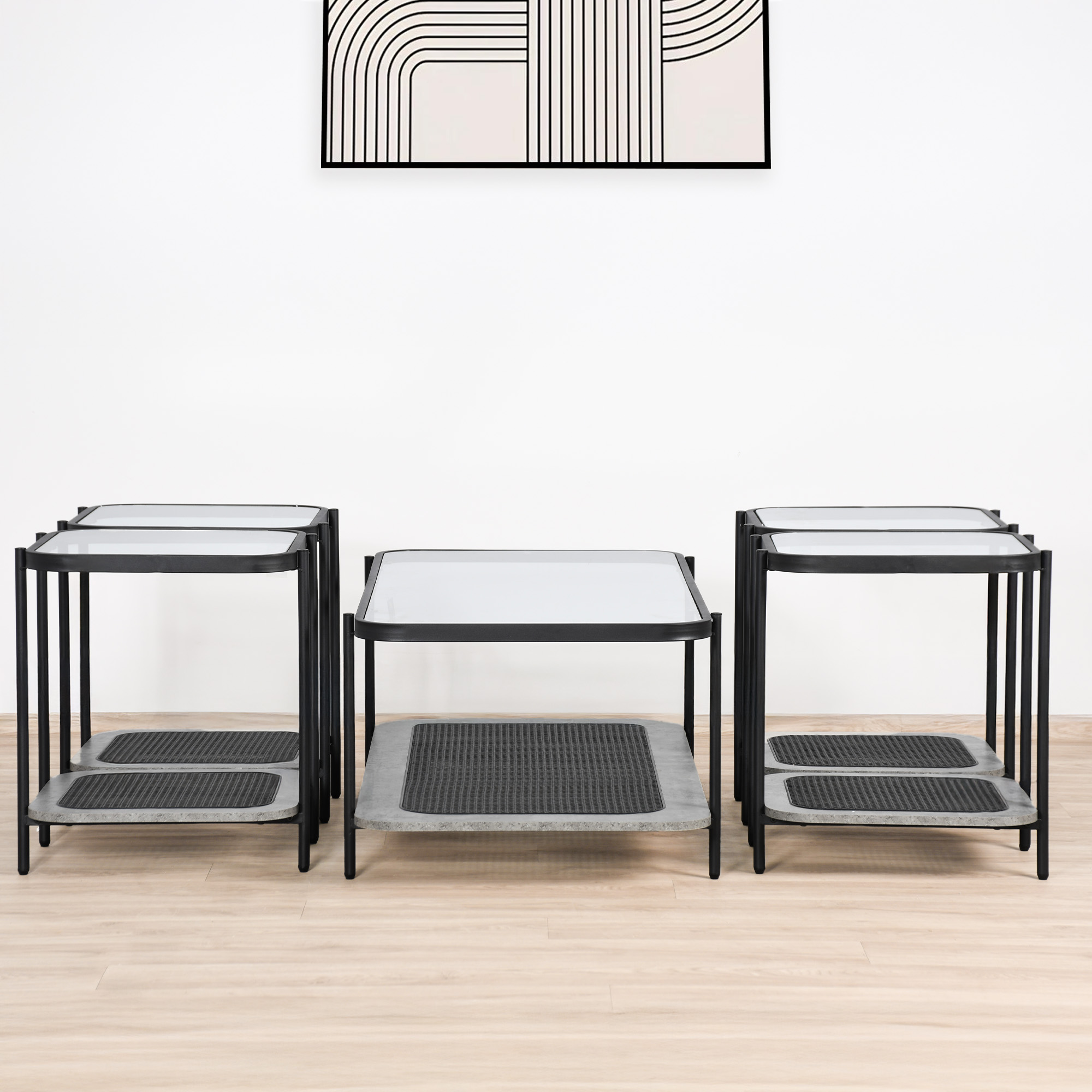 طقم طاولات خدمة 5 قطع من الزجاج والراتان طقم طاولات خدمة 5 قطع من الزجاج والراتان