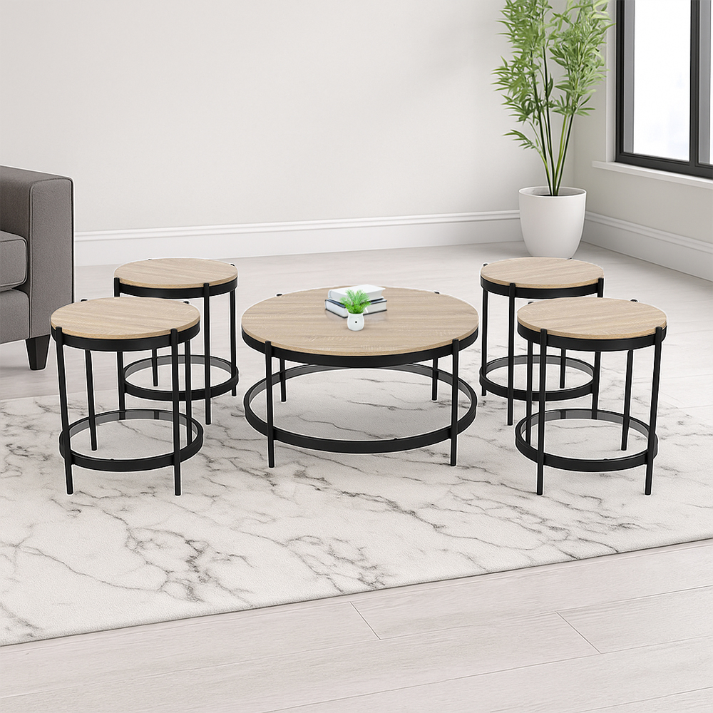 طقم طاولات خدمة 5 قطع من الخشب والزجاج والمعدن 55*55 سم طقم طاولات خدمة 5 قطع من الخشب والزجاج والمعدن 55*55 سم