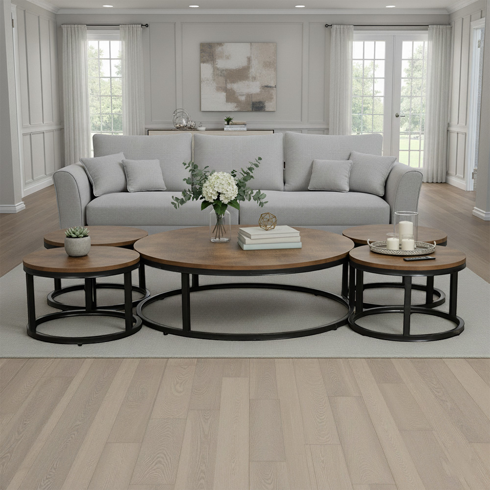 طقم طاولات خدمة دائرية 5 قطع خشبي بني طقم طاولات خدمة دائرية 5 قطع خشبي بني