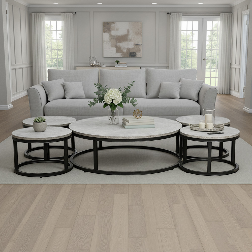 طقم طاولات خدمة دائرية 5 قطع خشبي رمادي طقم طاولات خدمة دائرية 5 قطع خشبي رمادي