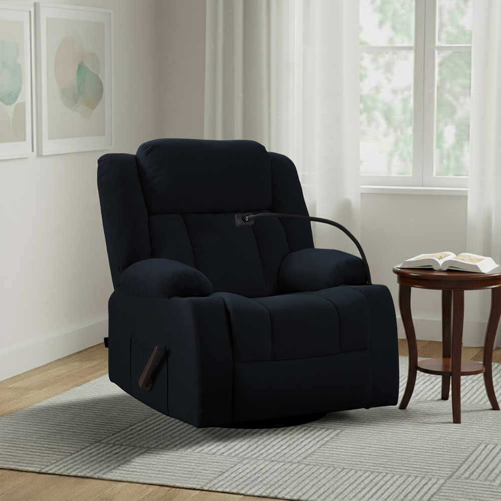 كرسي استرخاء هزاز دوار قماش بحامل جوال أسود كرسي استرخاء هزاز دوار قماش بحامل جوال أسود