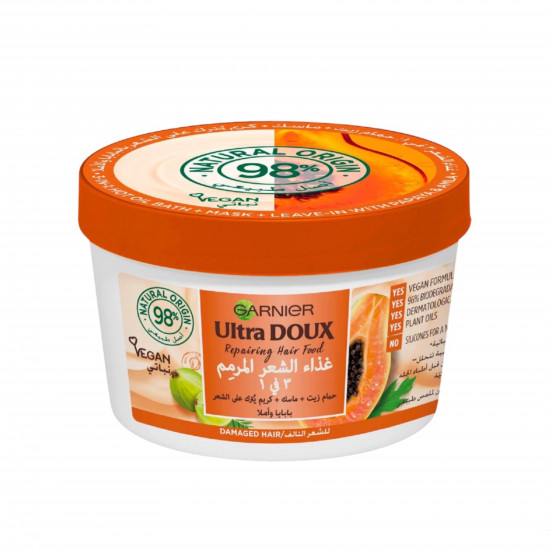 غارنييه ألترا دوكس Garnier Ultra Doux غذاء الشعر المرمم 3 في 1 بالبابايا والأملا – 390 مل غارنييه ألترا دوكس Garnier Ultra Doux غذاء الشعر المرمم 3 في 1 بالبابايا والأملا – 390 مل