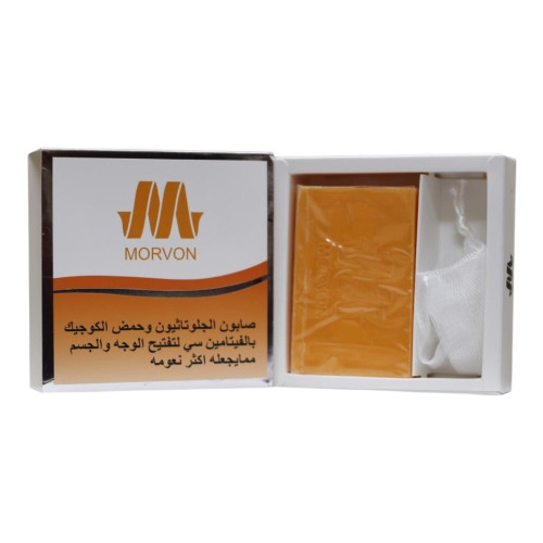 صابون مورفون Morvon الفعّال بالجلوتاثيون وحمض الكوجيك بفيتامين سي لتفتيح ونضارة البشرة ومحاربة البقع – 150 جرام
