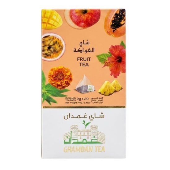 شاي غمدان GHAMDAN FRUIT TEA شاي الفواكه – 20 كيس هرمي شاي غمدان GHAMDAN FRUIT TEA شاي الفواكه – 20 كيس هرمي
