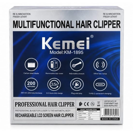 Kemei KM-1895 Professional Hair Clipper with LCD Display and Charging Base