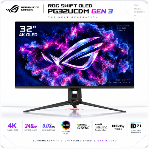 ASUS ROG Swift OLED PG32UCDM3 Gen 3 32” 4K 240Hz Tandem QD-OLED Gaming Monitor – 0.03ms, BlackShield, G-SYNC, DisplayPort 2.1a ASUS ROG Swift OLED PG32UCDM3 Gen 3 32” 4K 240Hz Tandem QD-OLED Gaming Monitor – 0.03ms, BlackShield, G-SYNC, DisplayPort 2.1a