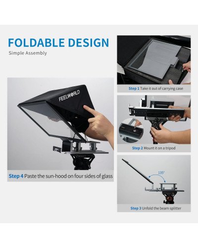 FEELWORLD TP16 16 Inch Folding Teleprompter Supports up to 16" Tablet Horizontal Vertical Prompting