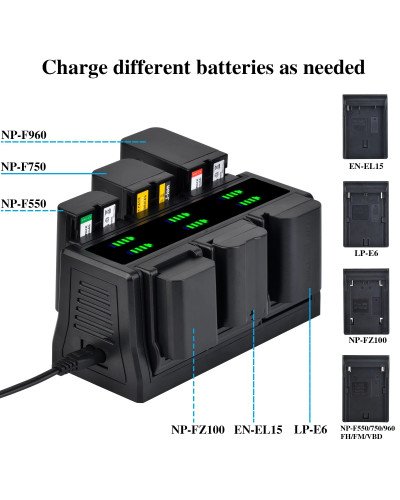 LED Display Charging Base 6-Slot Charger for NP-F970 NP-F750 NP-F550 NP-FZ100 LP-E6 EN-EL15 FNP-W235 Changeable Plate LED Display Charging Base 6-Slot Charger for NP-F970 NP-F750 NP-F550 NP-FZ100 LP-E6 EN-EL15 FNP-W235 Changeable Plate