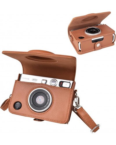 Leather Camera Case for FUJIFILM Instax Mini Evo With Shoulder Strap (Brown)