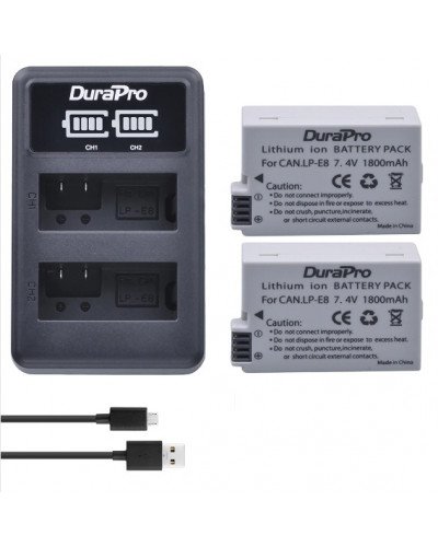 Durapro 2pc Battery For Canon LP-E8  Li-ion Batteries + LCD Dual USB Charger For Canon EOS 550D 600D 650D 700D Camera