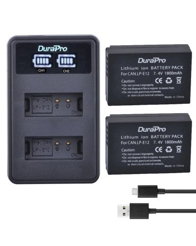 DuraPro 2 x 1800mAh LP-E12 Battery + LCD USB Dual Charger EOS M2,M10,M50,M50 Mark II,M100,M200,SX70 HS