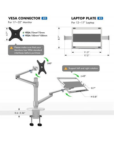 Aluminum Height Adjustable Desktop Dual Arm 17-32 inch Monitor Holder+12-17 inch Laptop Holder Stand OL-3L Full Motion Mount Arm