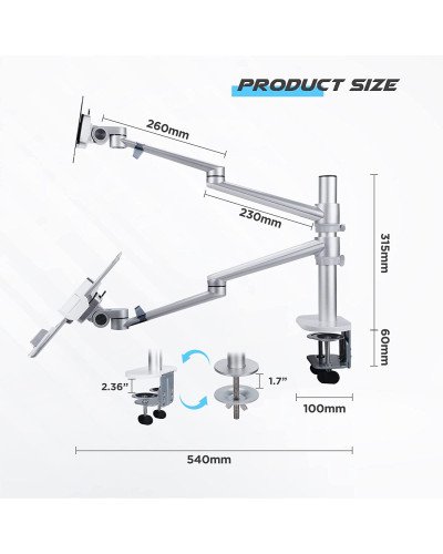Aluminum Height Adjustable Desktop Dual Arm 17-32 inch Monitor Holder+12-17 inch Laptop Holder Stand OL-3L Full Motion Mount Arm